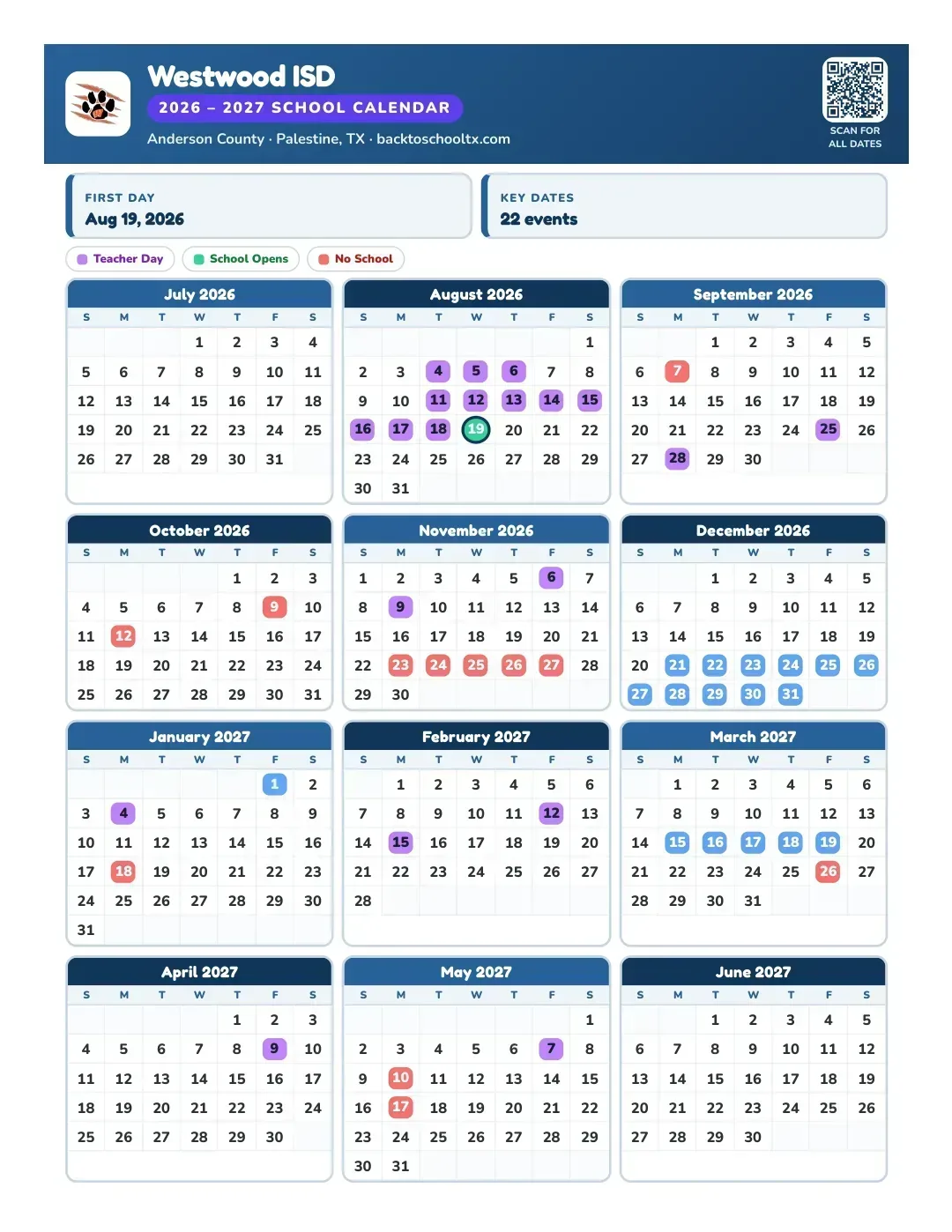 Westwood ISD Calendar for the Year 26-27