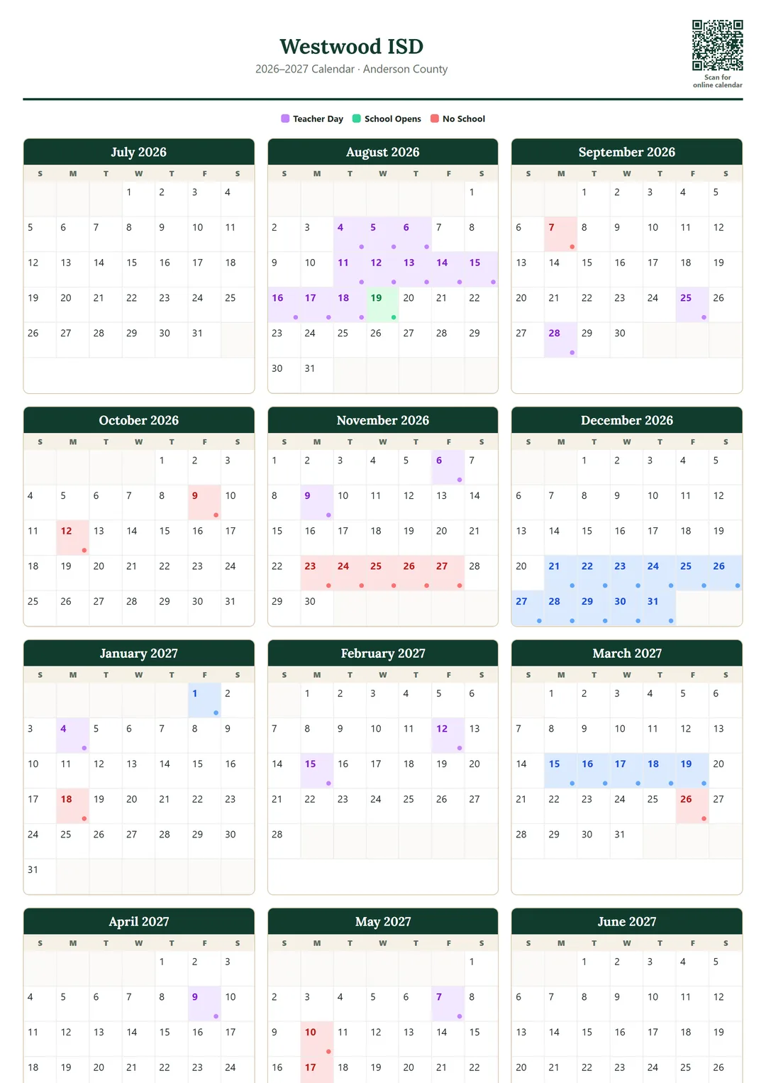 Westwood ISD printable 2026–2027 calendar
