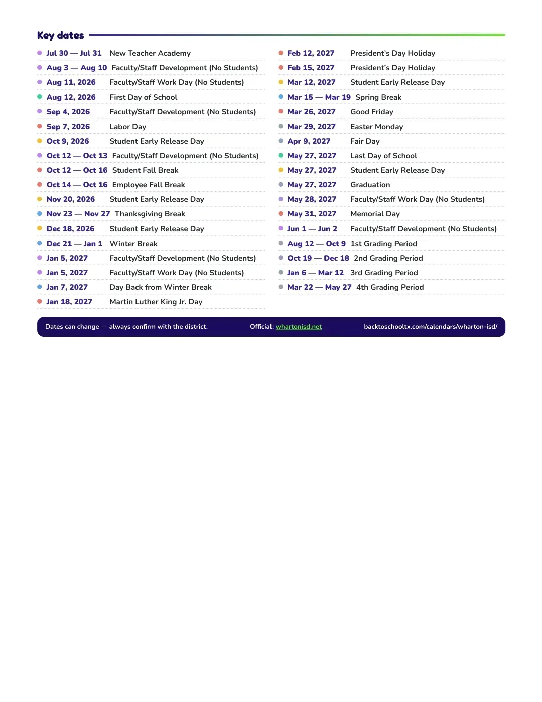 Wharton ISD Calendar for the Year 26-27 — key dates