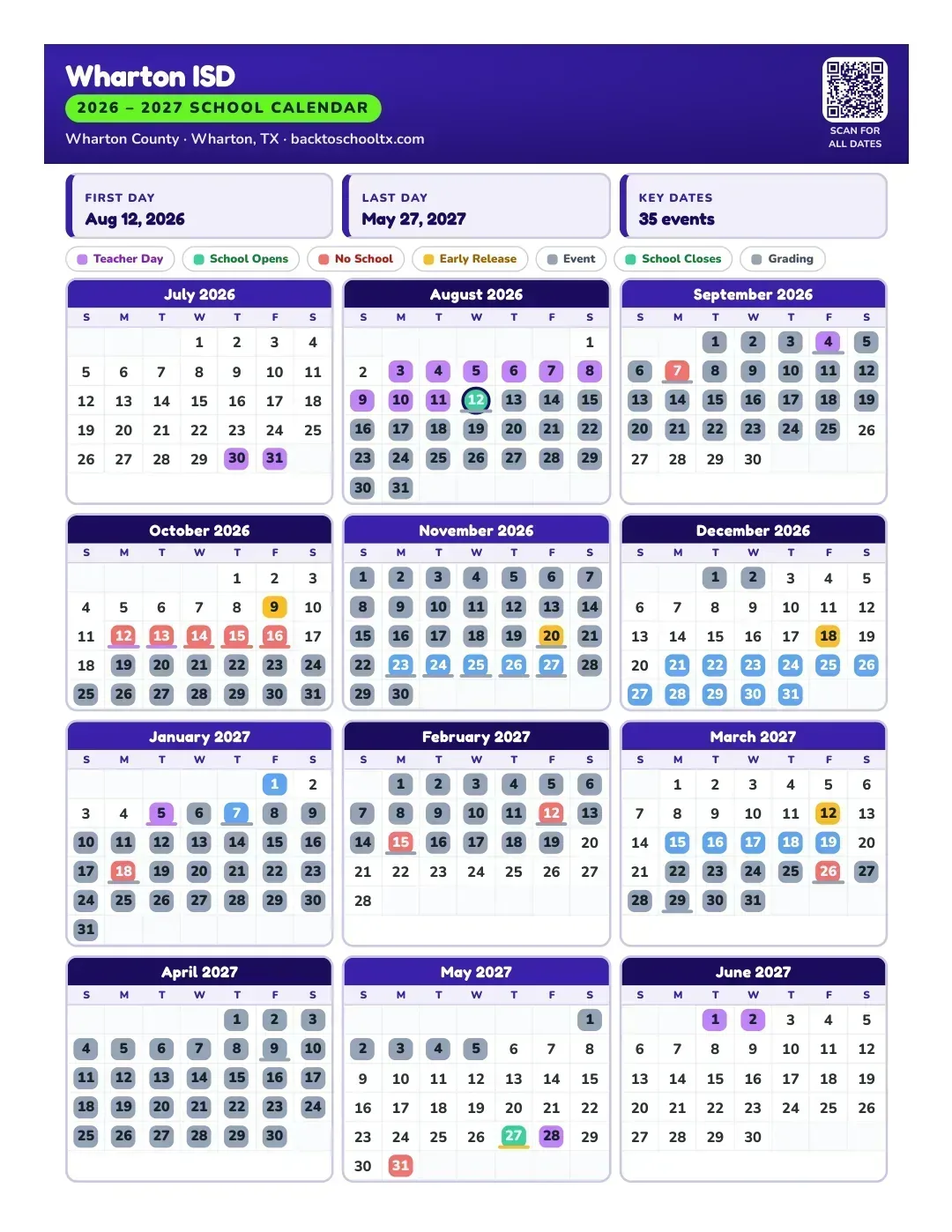 Wharton ISD Calendar for the Year 26-27