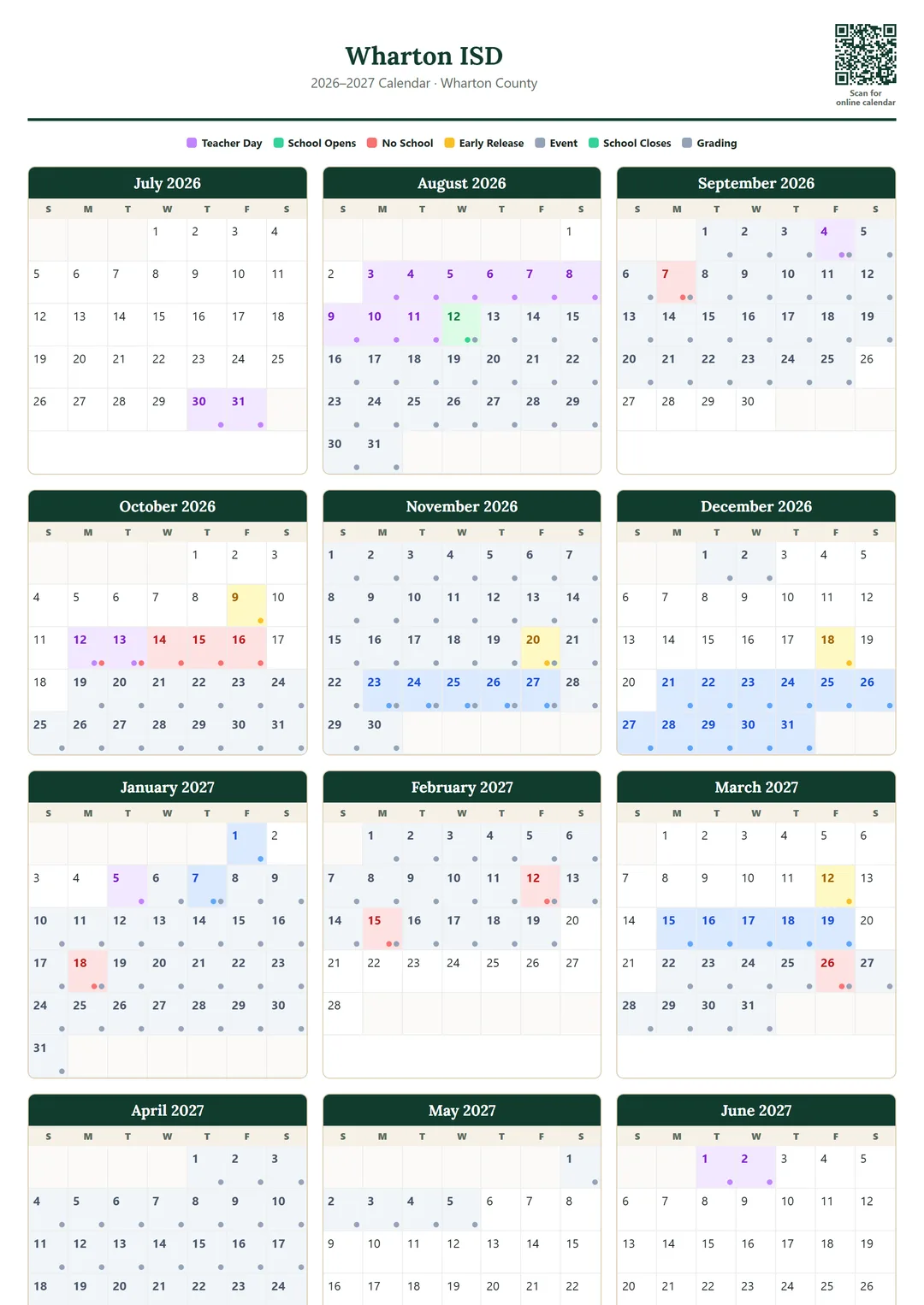 Wharton ISD printable 2026–2027 calendar