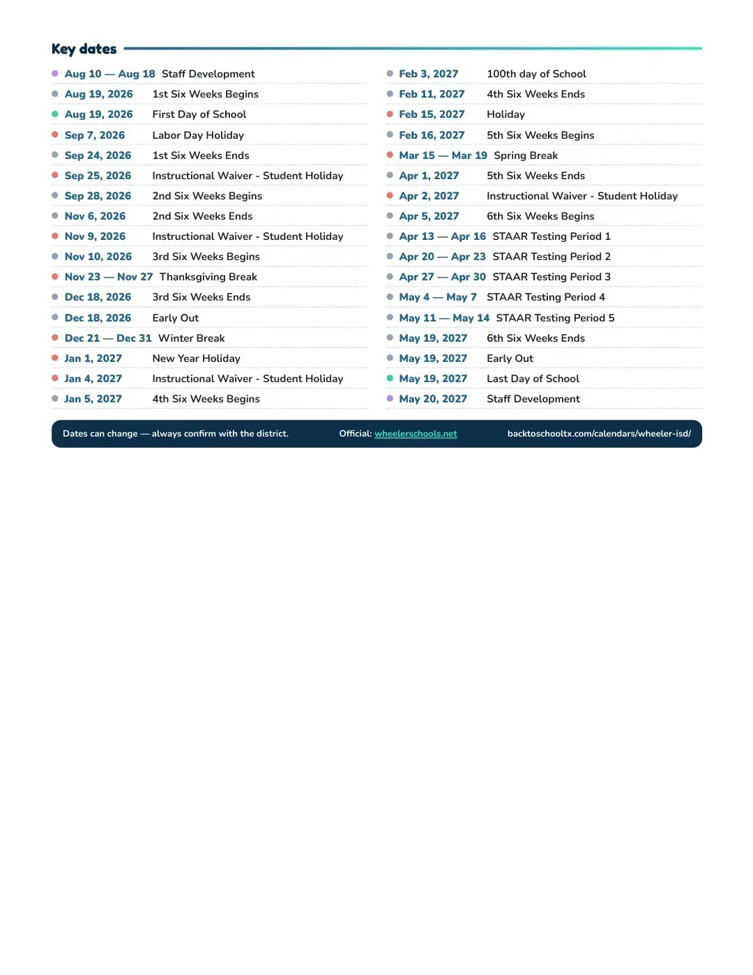 Wheeler ISD Calendar for the Year 26-27 — key dates