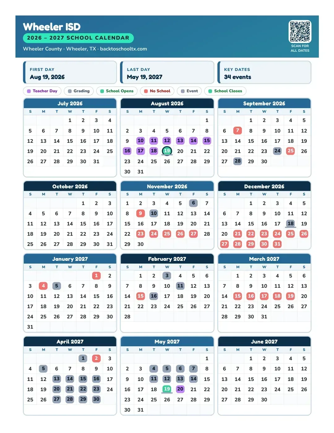 Wheeler ISD Calendar for the Year 26-27