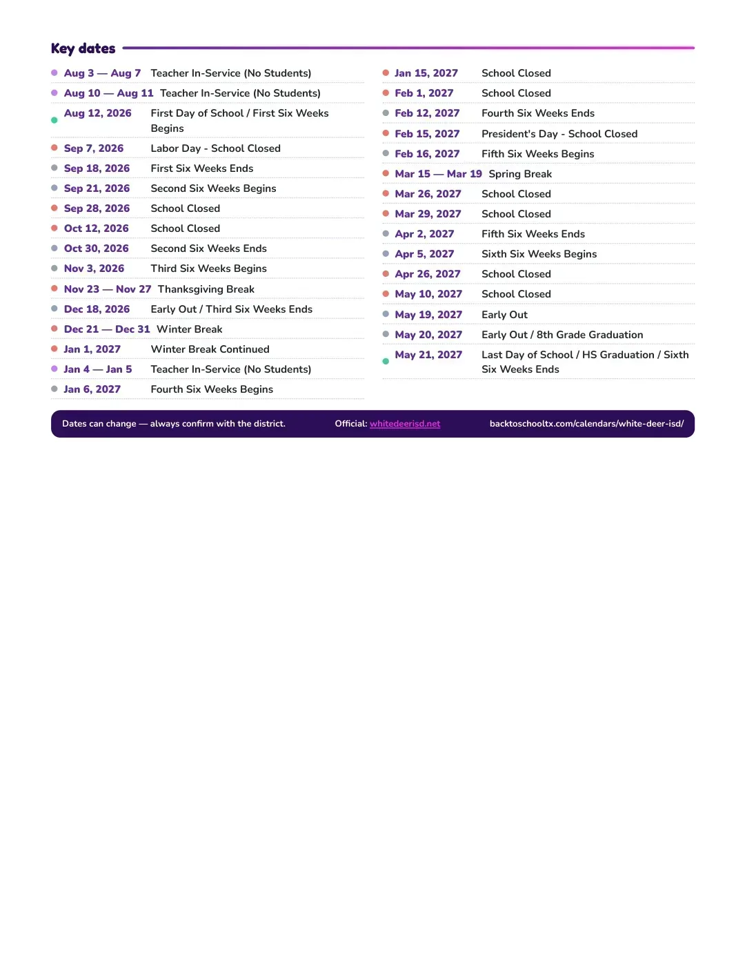 White Deer ISD Calendar for the Year 26-27 — key dates