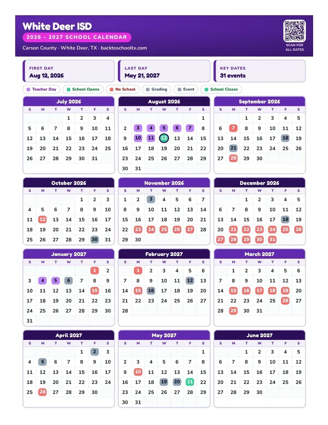 White Deer ISD Calendar for the Year 26-27