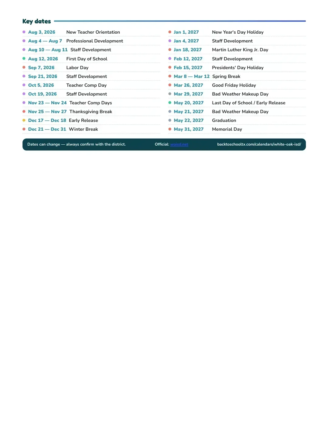 White Oak ISD Calendar for the Year 26-27 — key dates