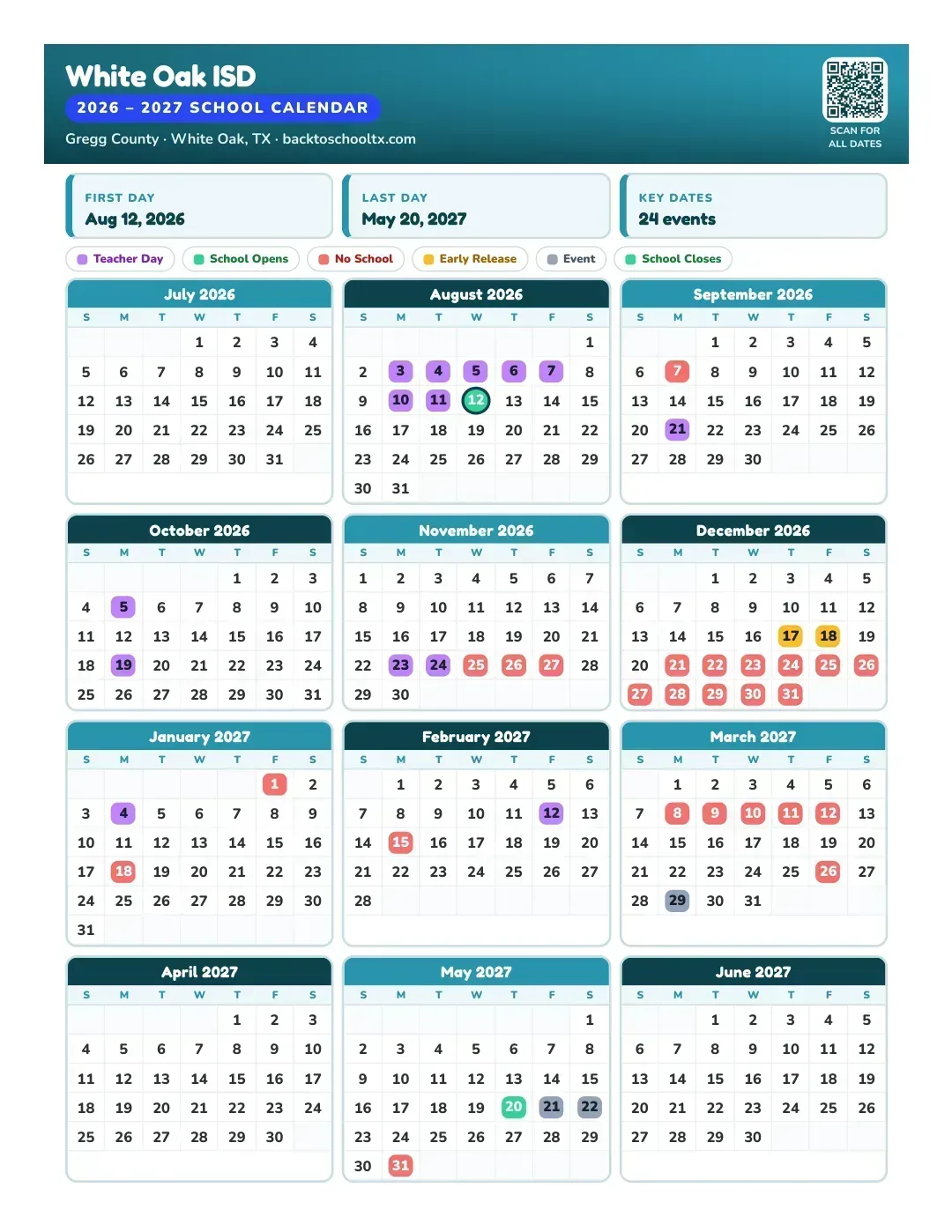 White Oak ISD Calendar for the Year 26-27