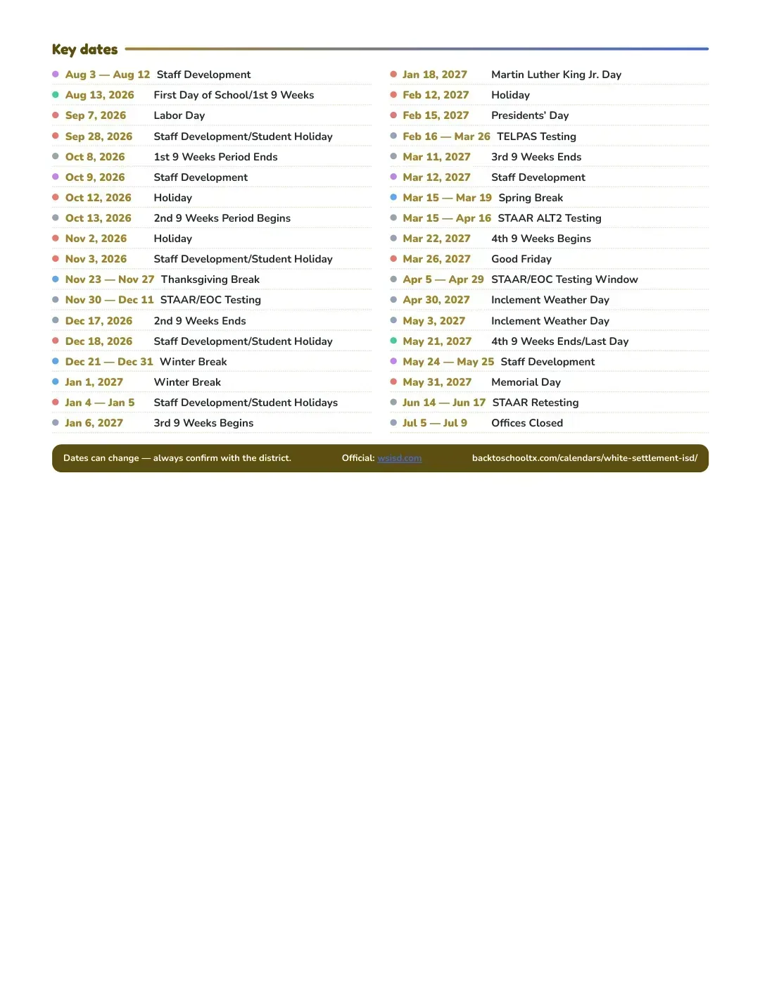 White Settlement ISD Calendar for the Year 26-27 — key dates