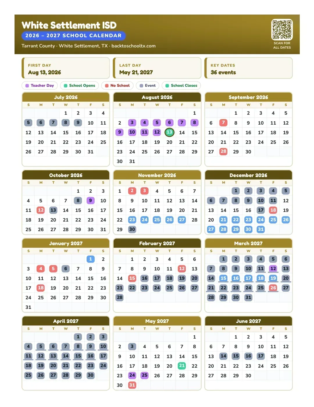 White Settlement ISD Calendar for the Year 26-27