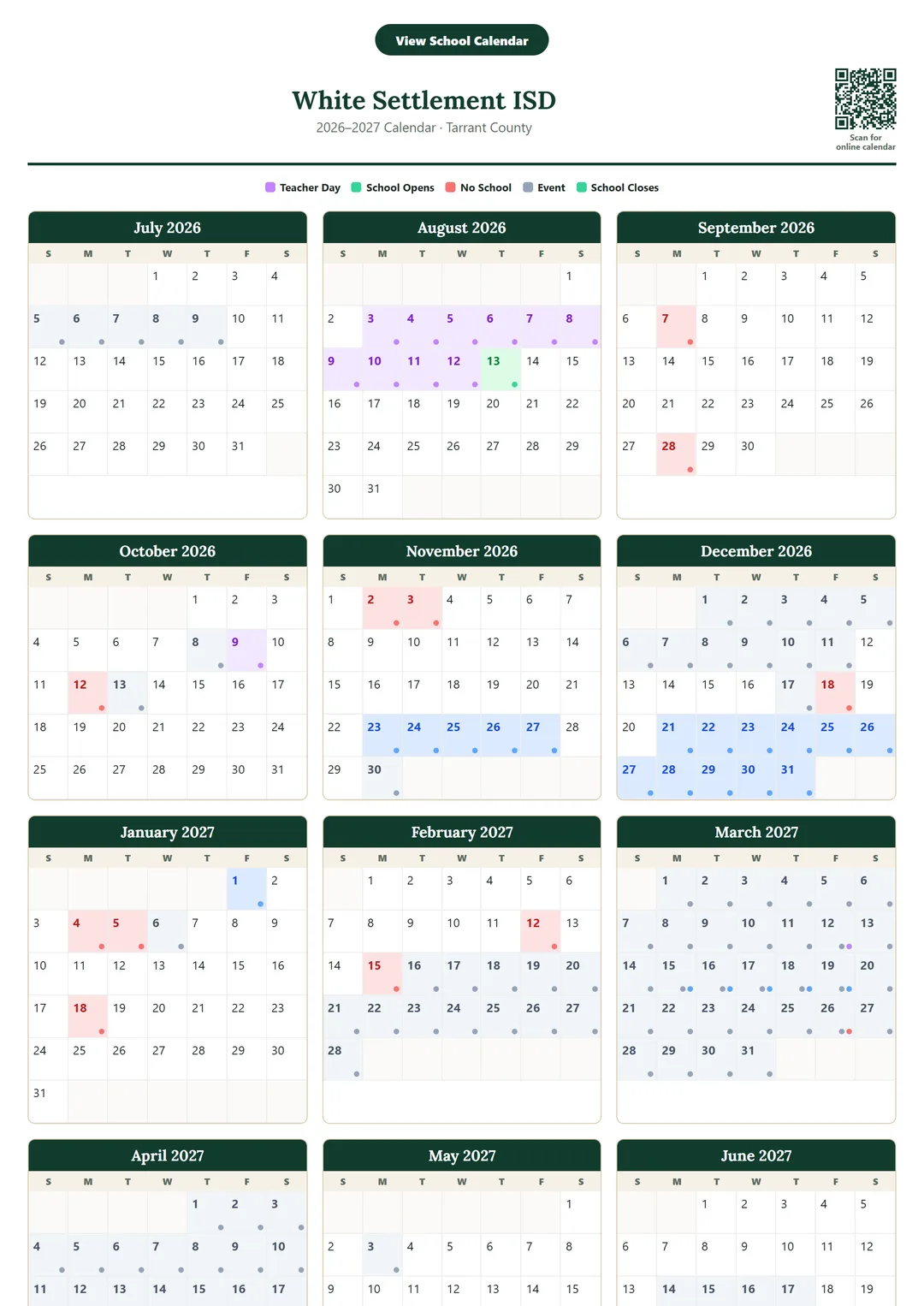 White Settlement ISD printable 2026–2027 calendar