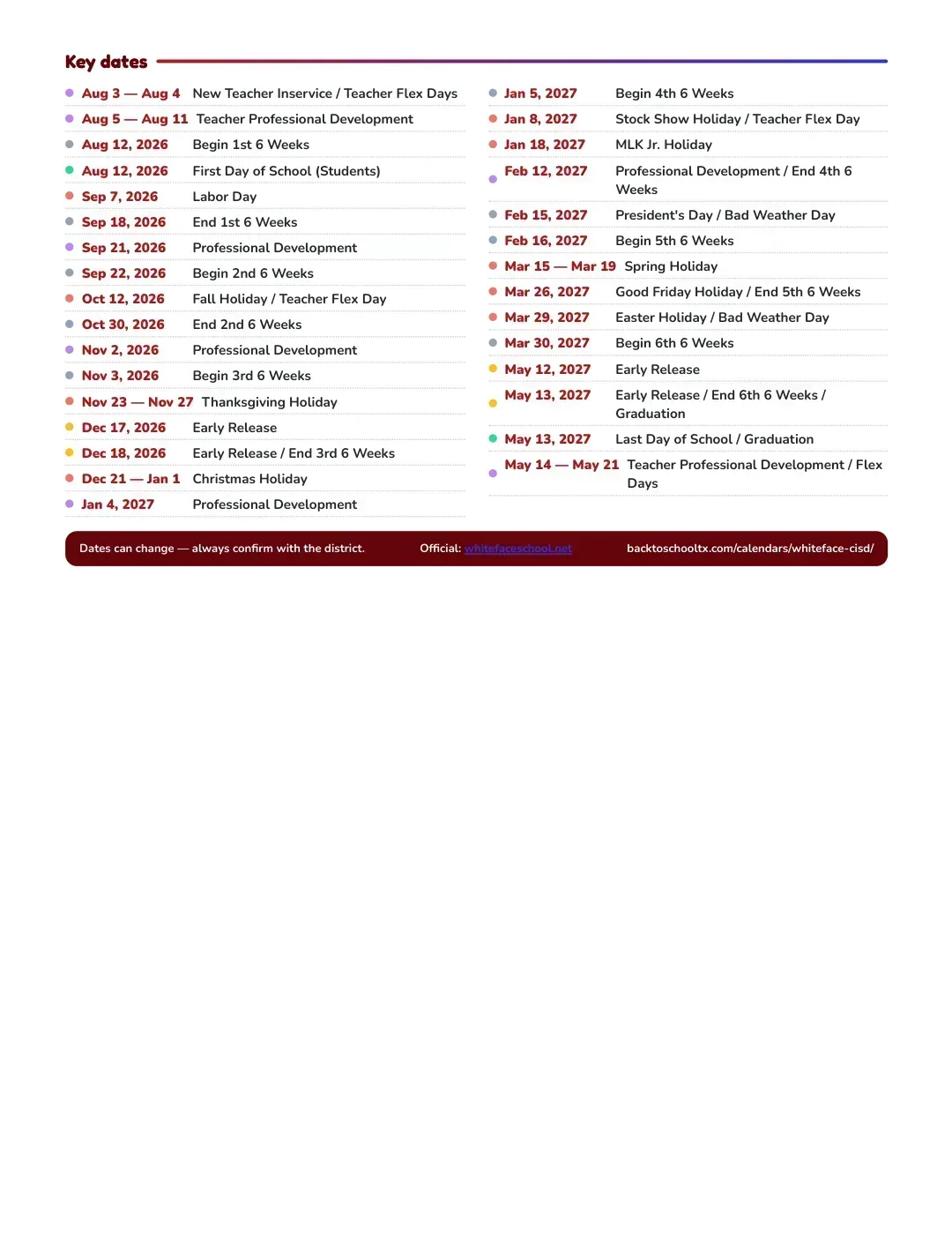 Whiteface CISD Calendar for the Year 26-27 — key dates