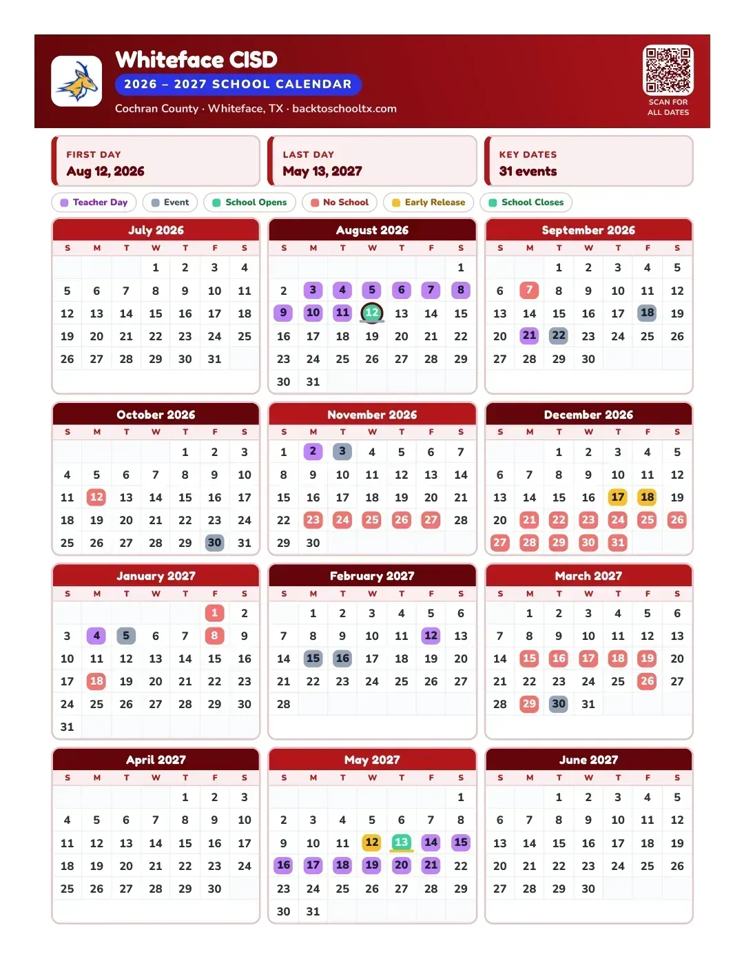 Whiteface CISD Calendar for the Year 26-27