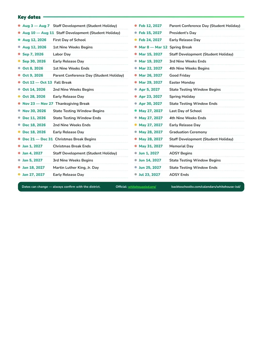 Whitehouse ISD Calendar for the Year 26-27 — key dates