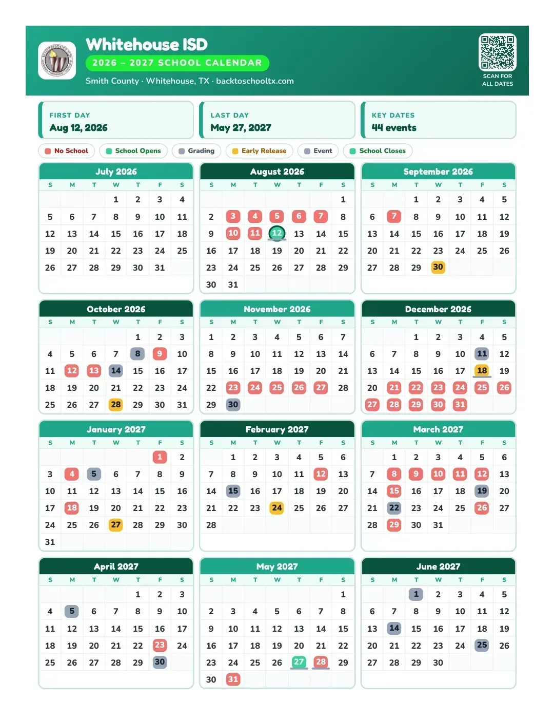 Whitehouse ISD Calendar for the Year 26-27