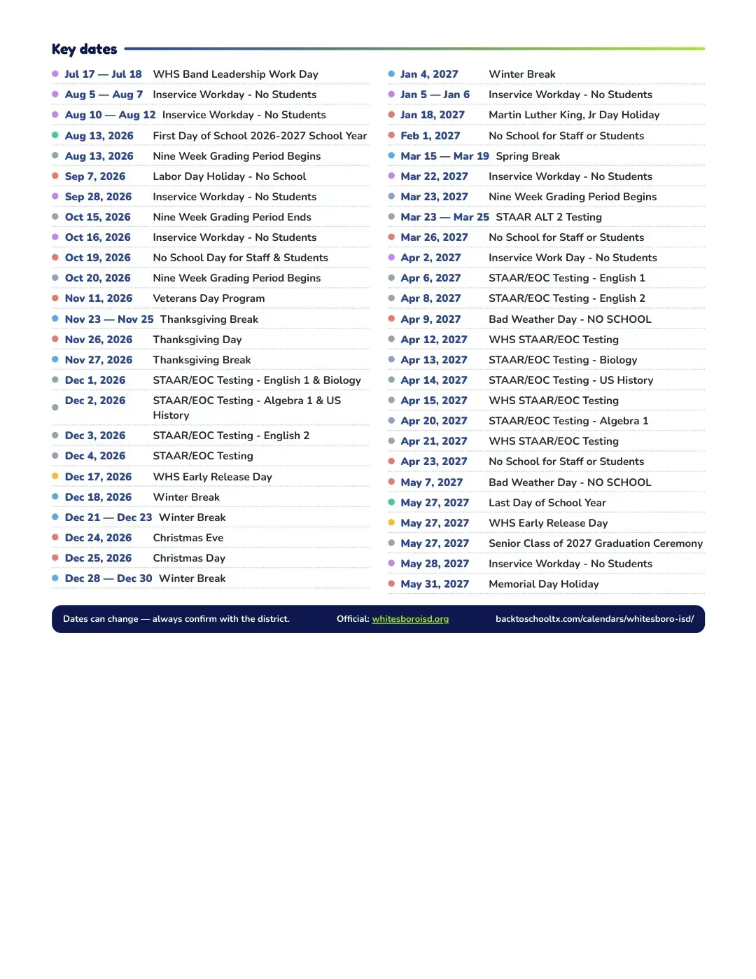 Whitesboro ISD Calendar for the Year 26-27 — key dates