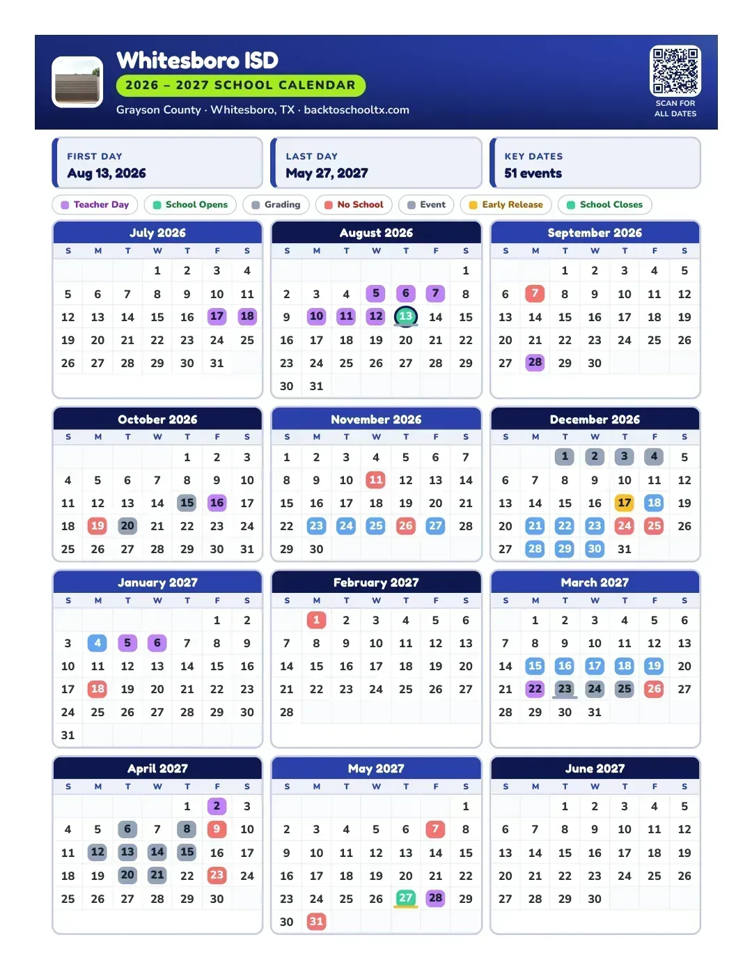 Whitesboro ISD Calendar for the Year 26-27