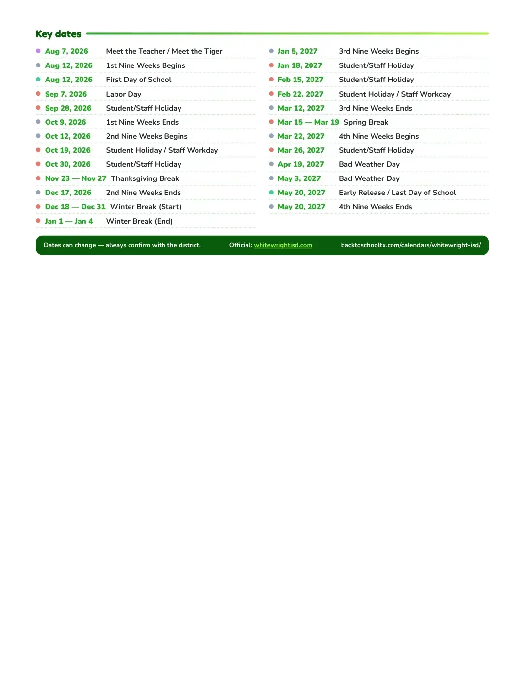 Whitewright ISD Calendar for the Year 26-27 — key dates
