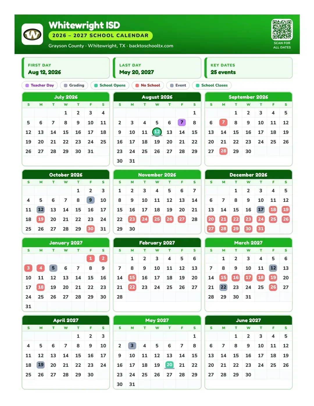 Whitewright ISD Calendar for the Year 26-27