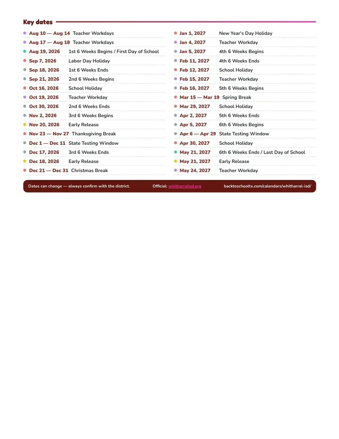 Whitharral ISD Calendar for the Year 26-27 — key dates
