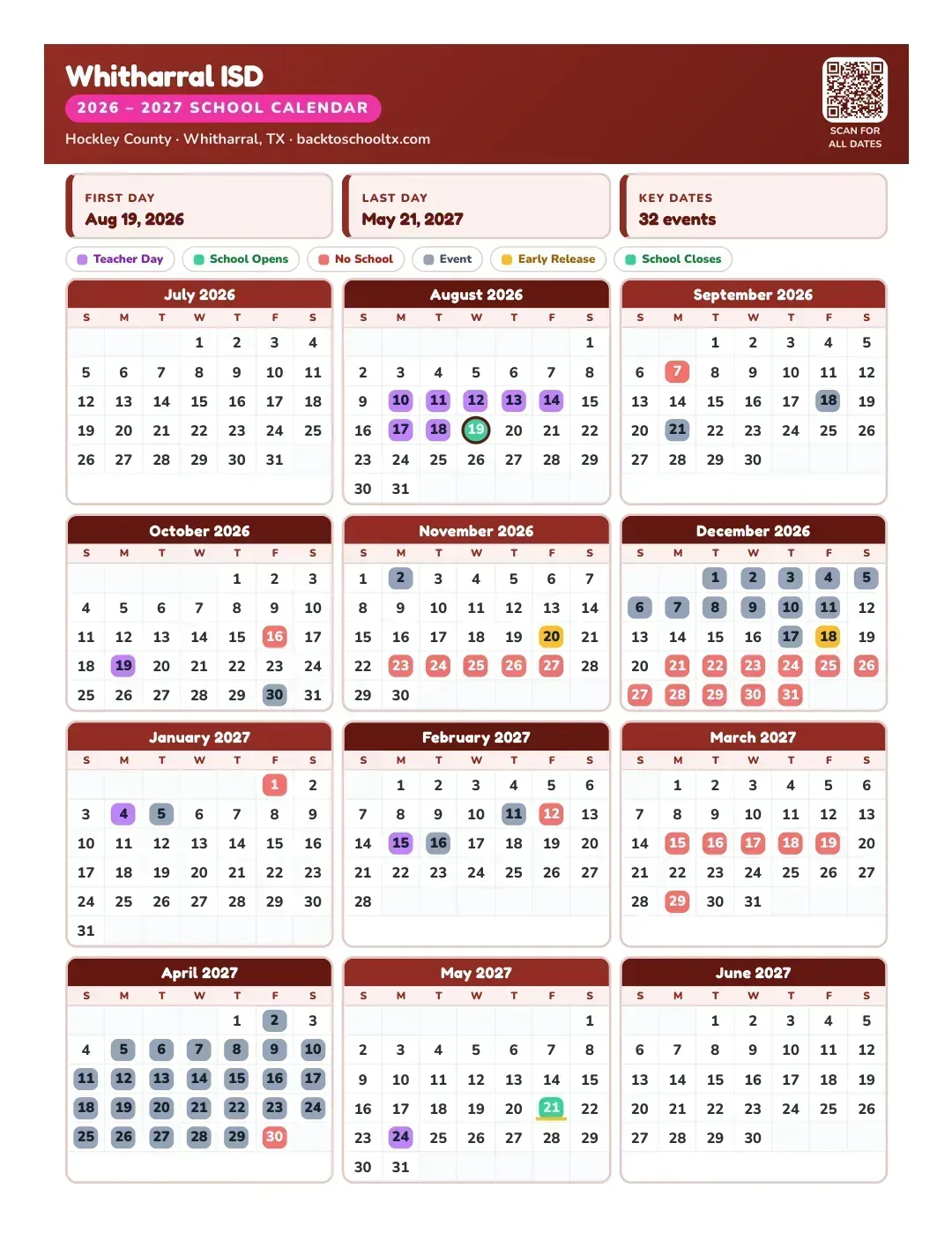 Whitharral ISD Calendar for the Year 26-27