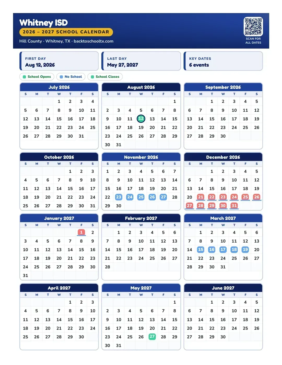 Whitney ISD Calendar for the Year 26-27
