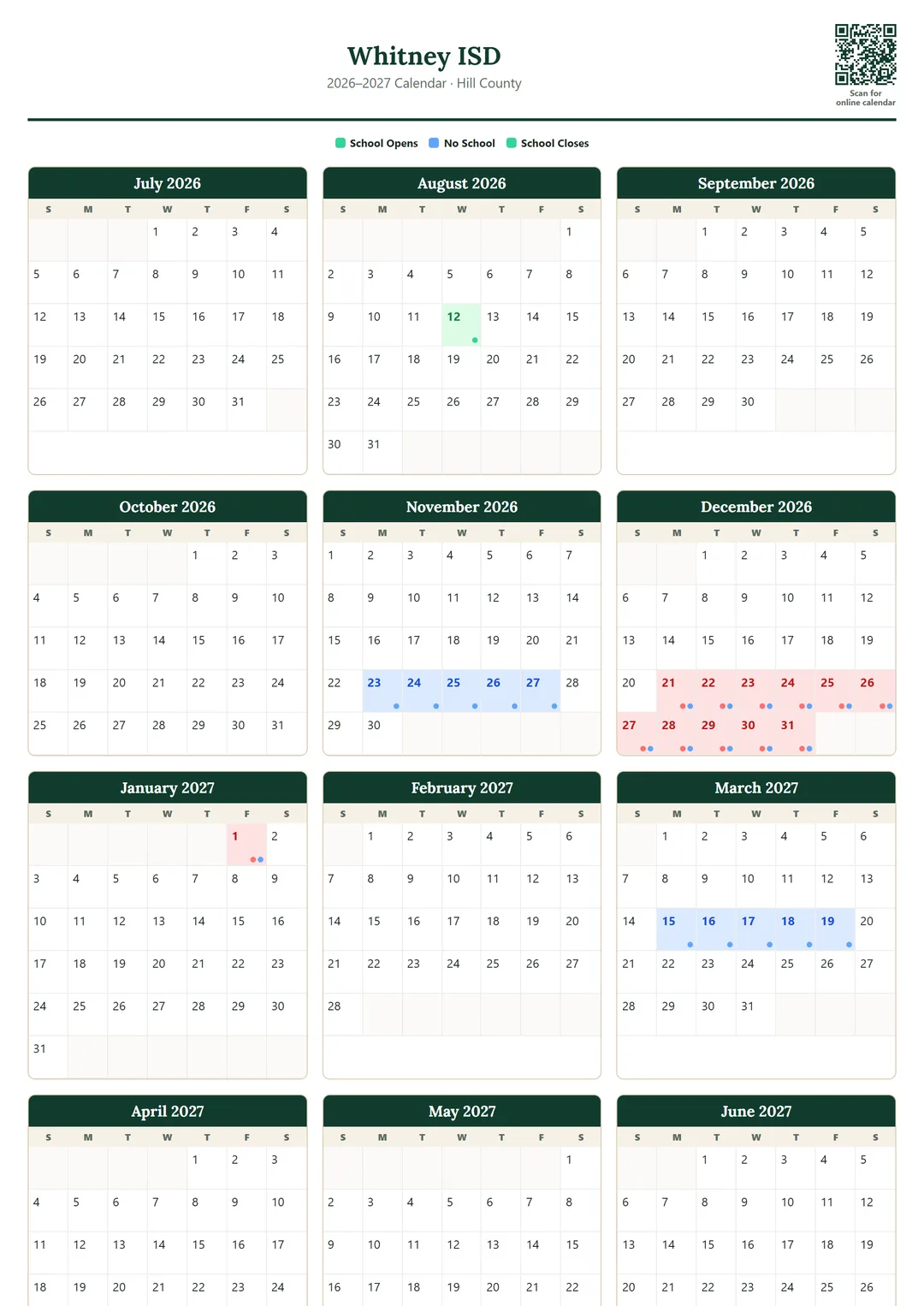 Whitney ISD printable 2026–2027 calendar