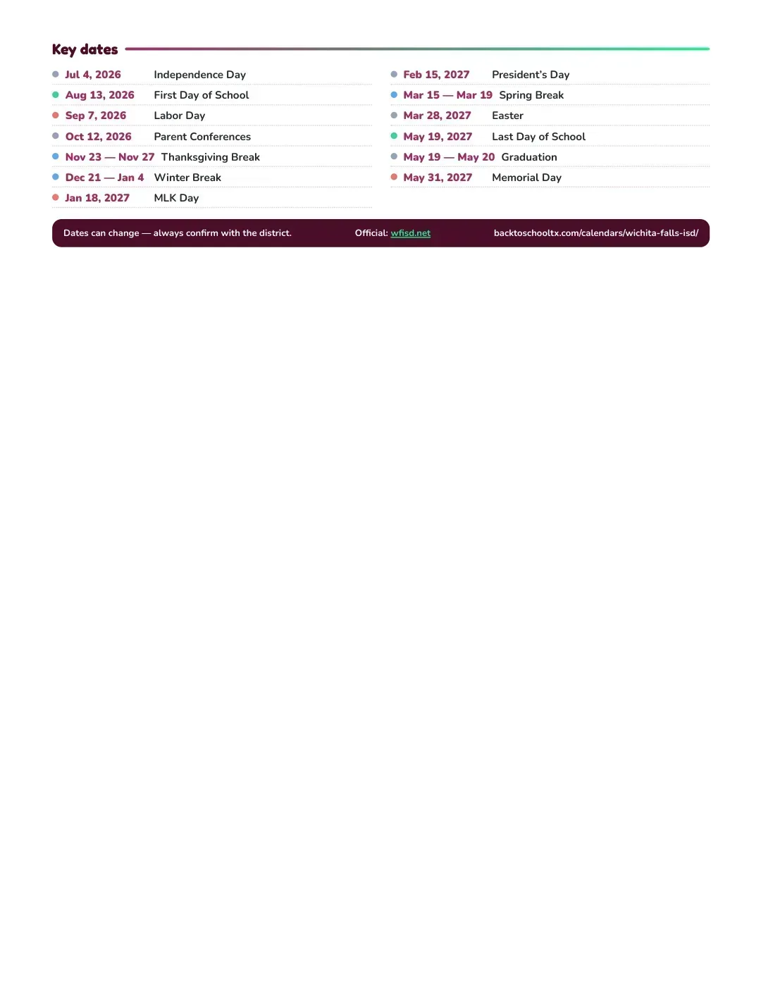 Wichita Falls ISD Calendar for the Year 26-27 — key dates