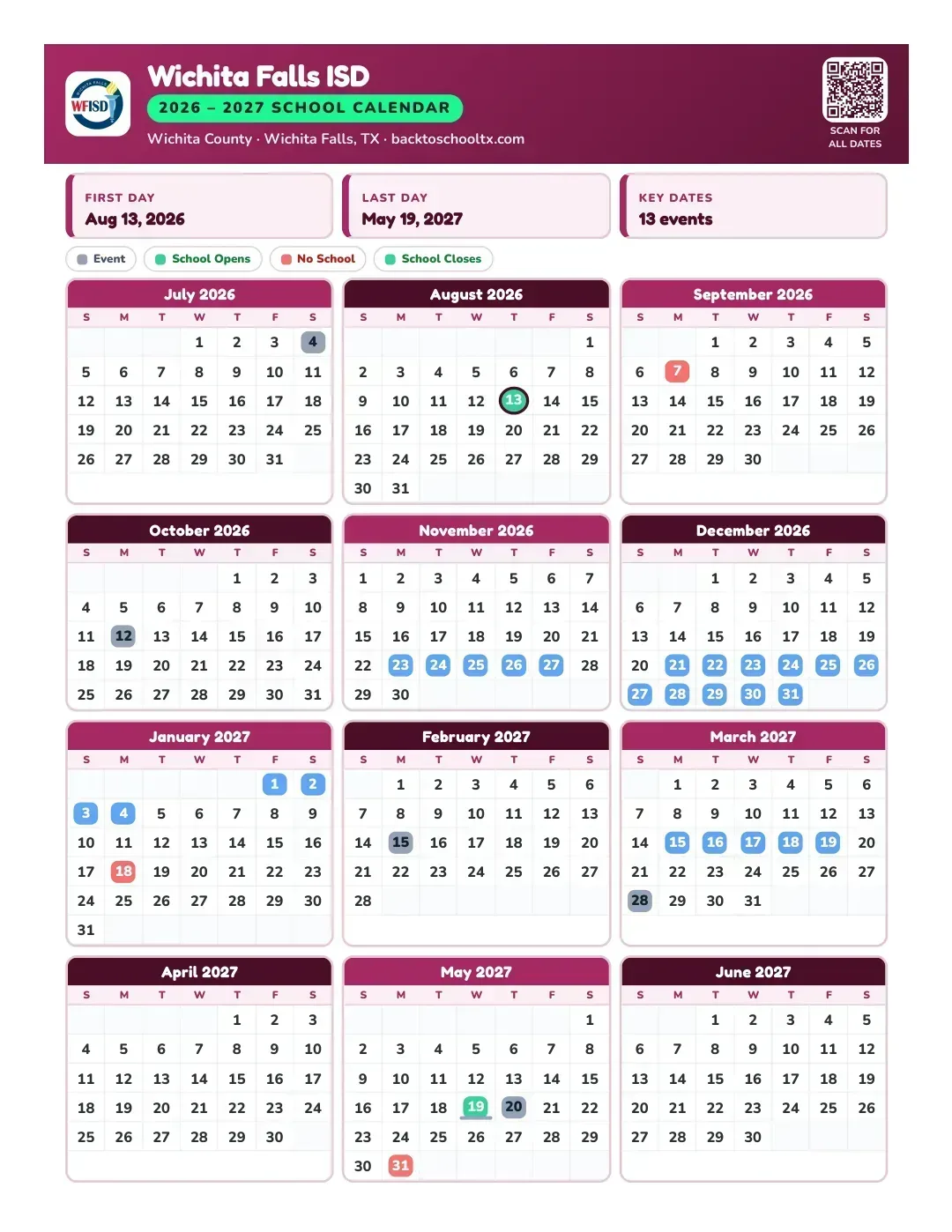 Wichita Falls ISD Calendar for the Year 26-27