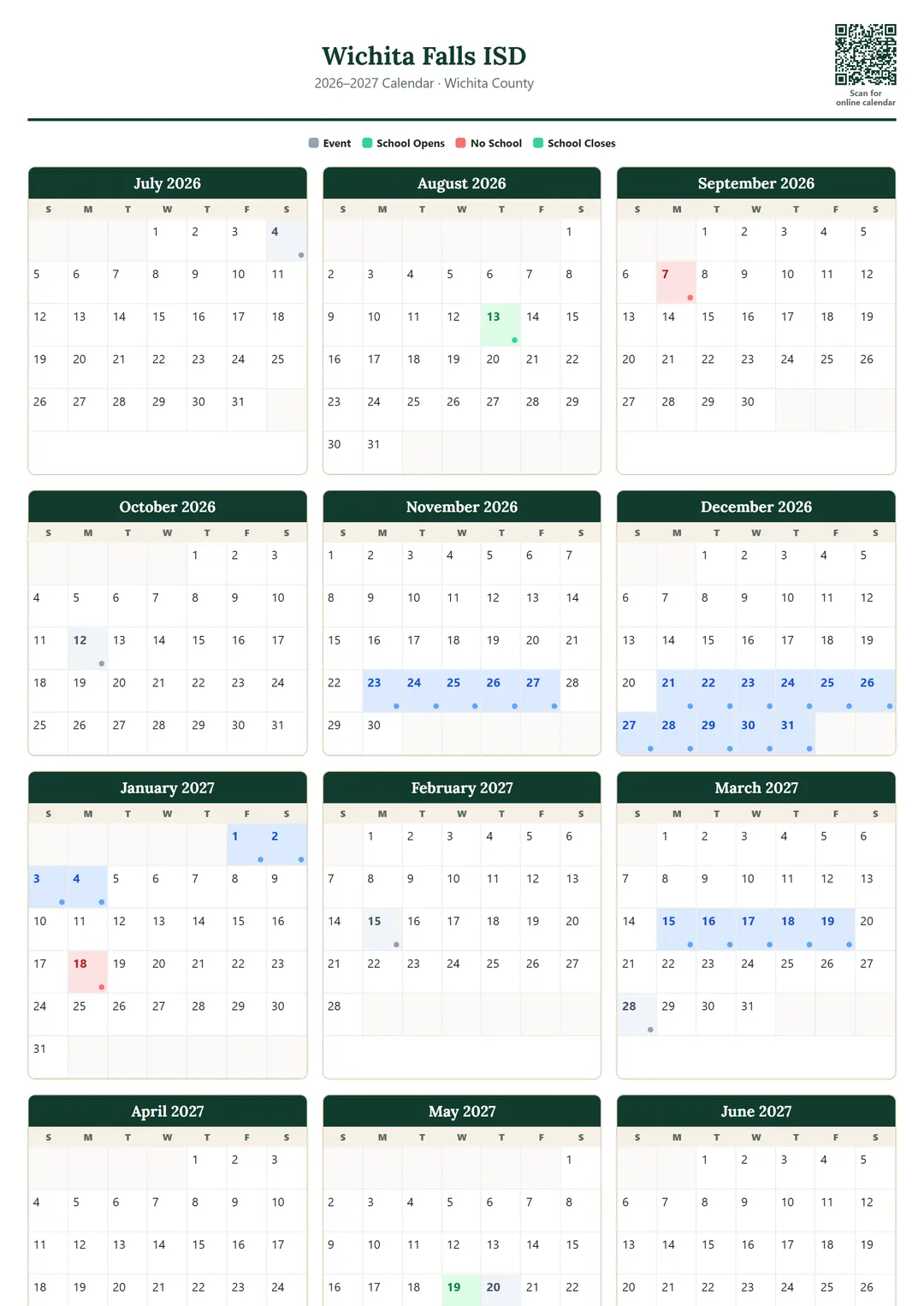 Wichita Falls ISD printable 2026–2027 calendar