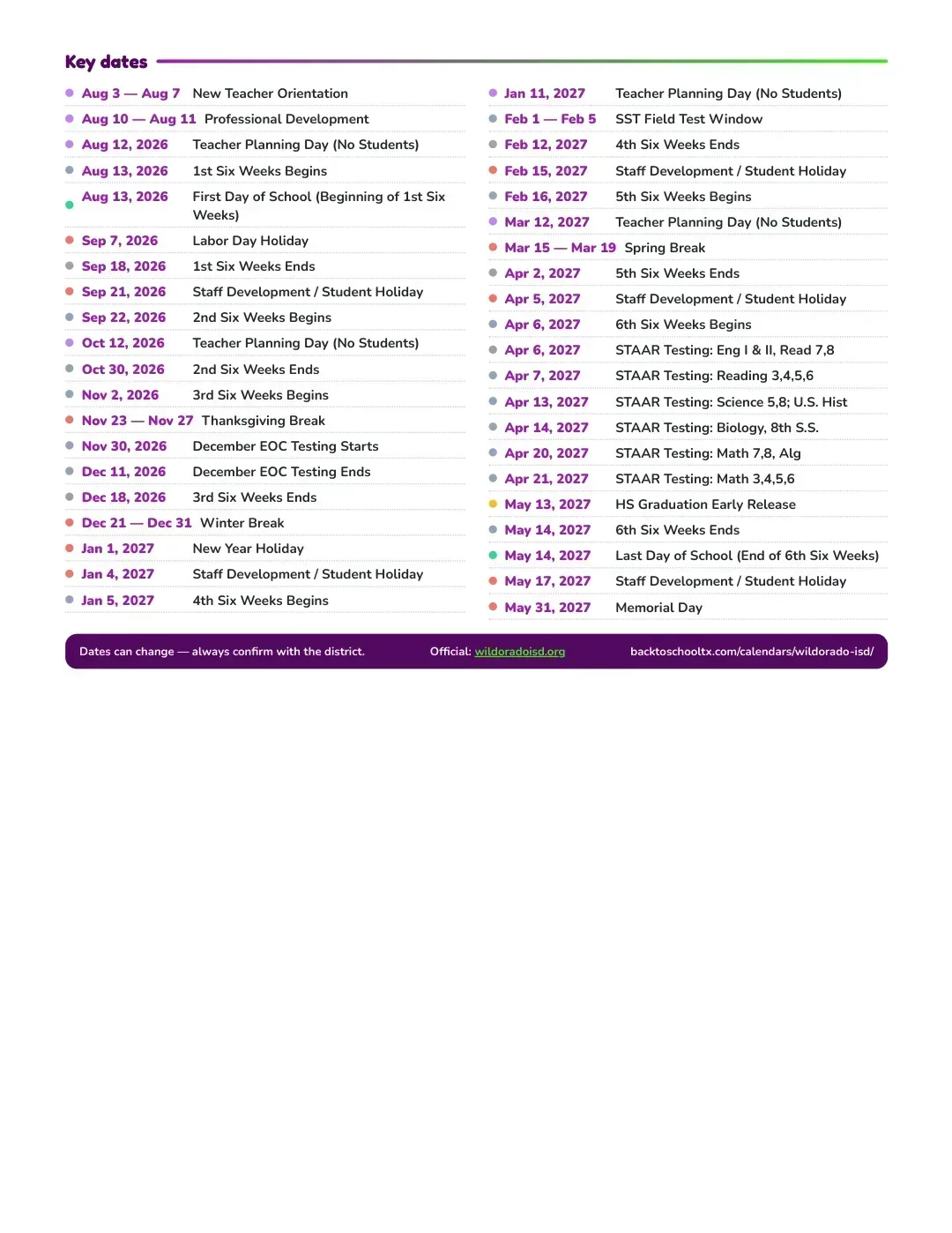Wildorado ISD Calendar for the Year 26-27 — key dates