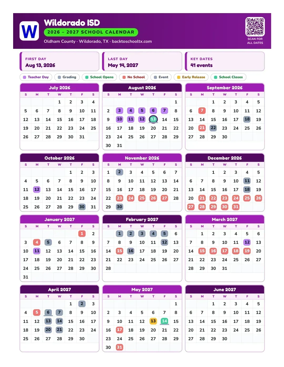 Wildorado ISD Calendar for the Year 26-27