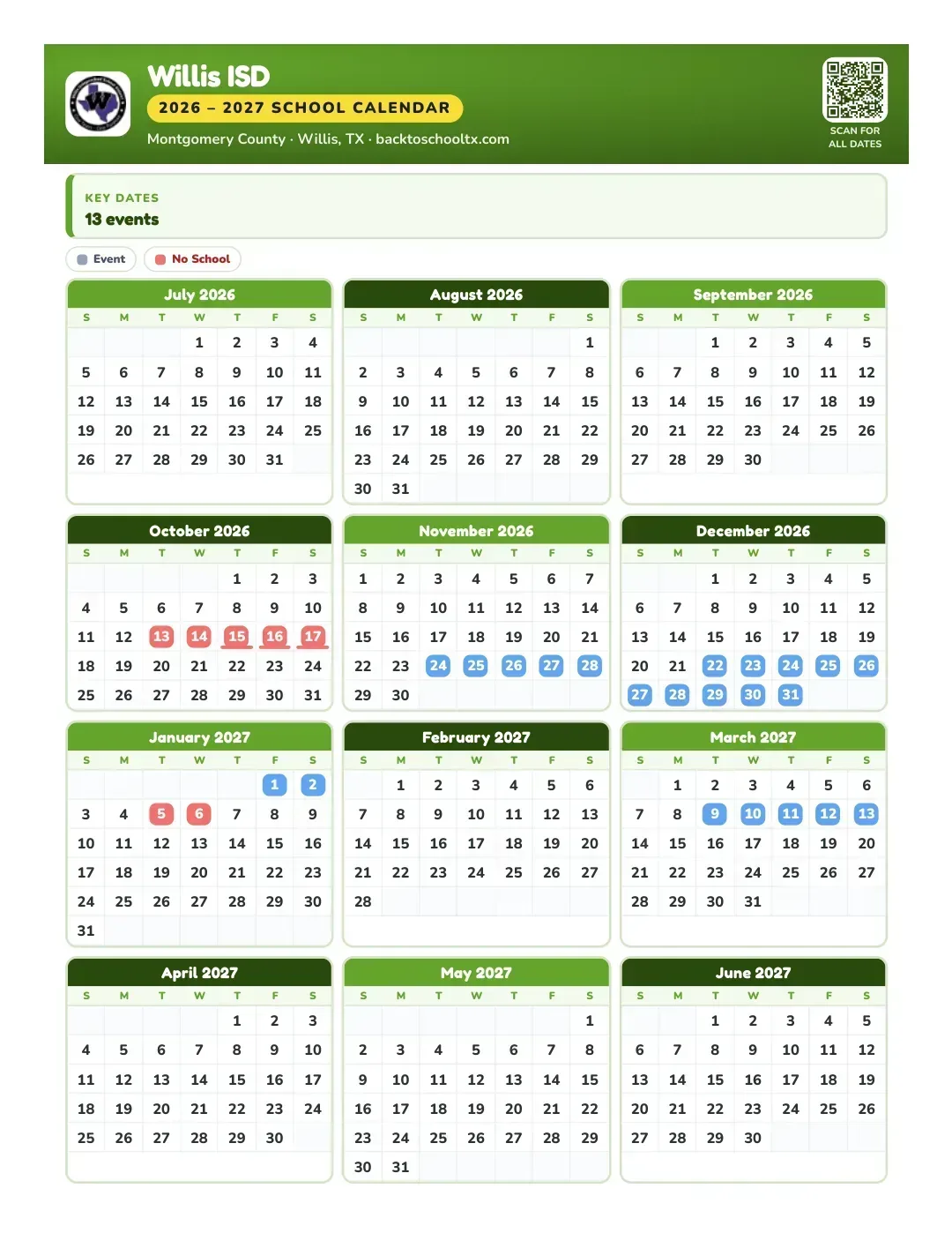 Willis ISD Calendar for the Year 26-27
