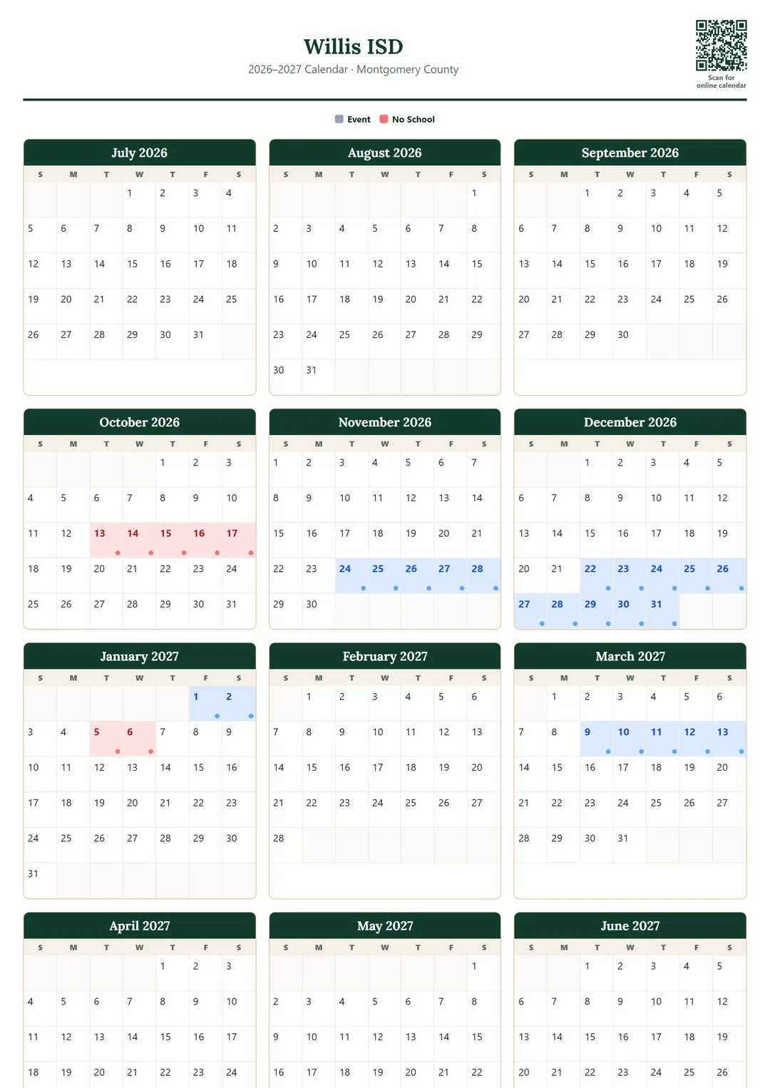 Willis ISD printable 2026–2027 calendar