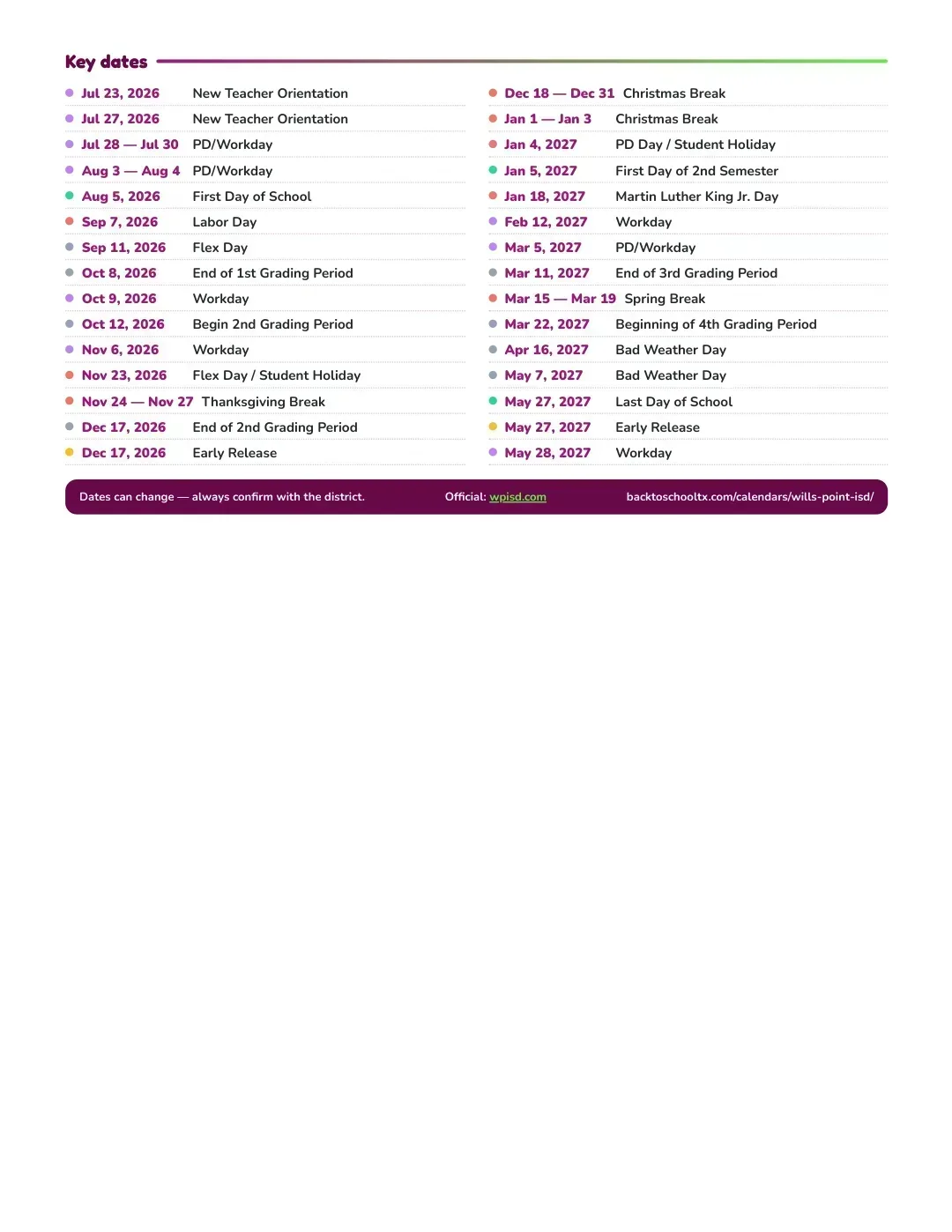 Wills Point ISD Calendar for the Year 26-27 — key dates