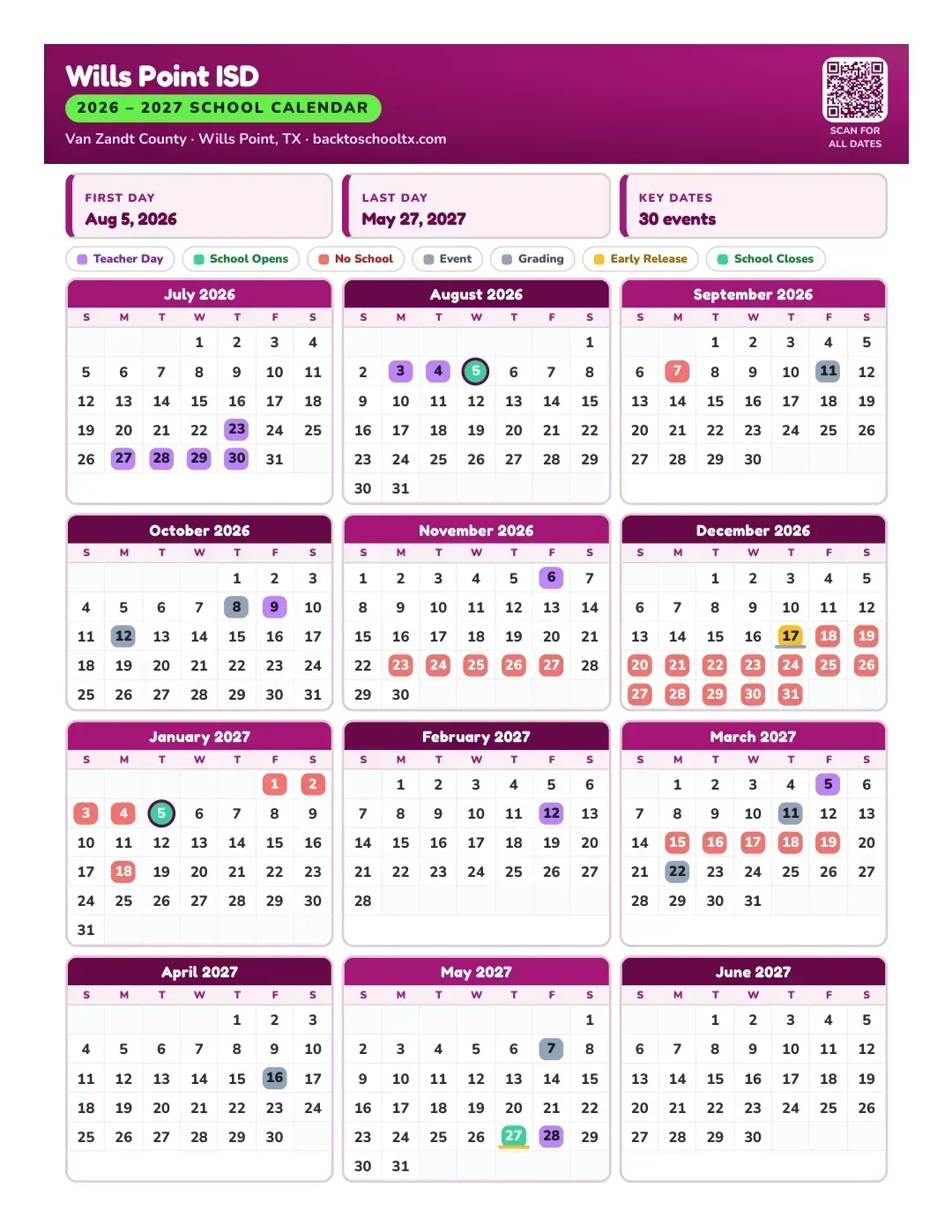 Wills Point ISD Calendar for the Year 26-27