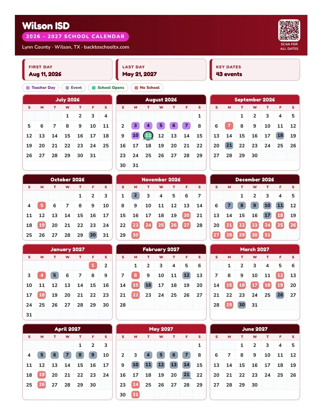 Wilson ISD Calendar for the Year 26-27