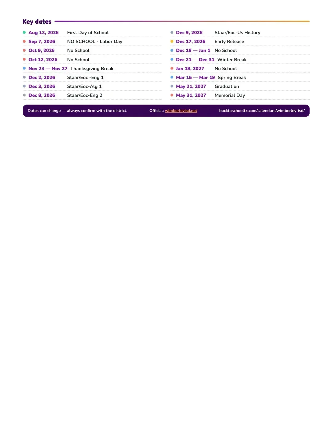 Wimberley ISD Calendar for the Year 26-27 — key dates