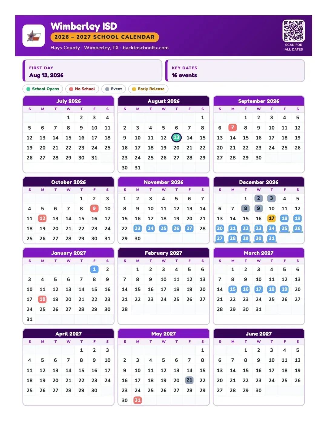 Wimberley ISD Calendar for the Year 26-27