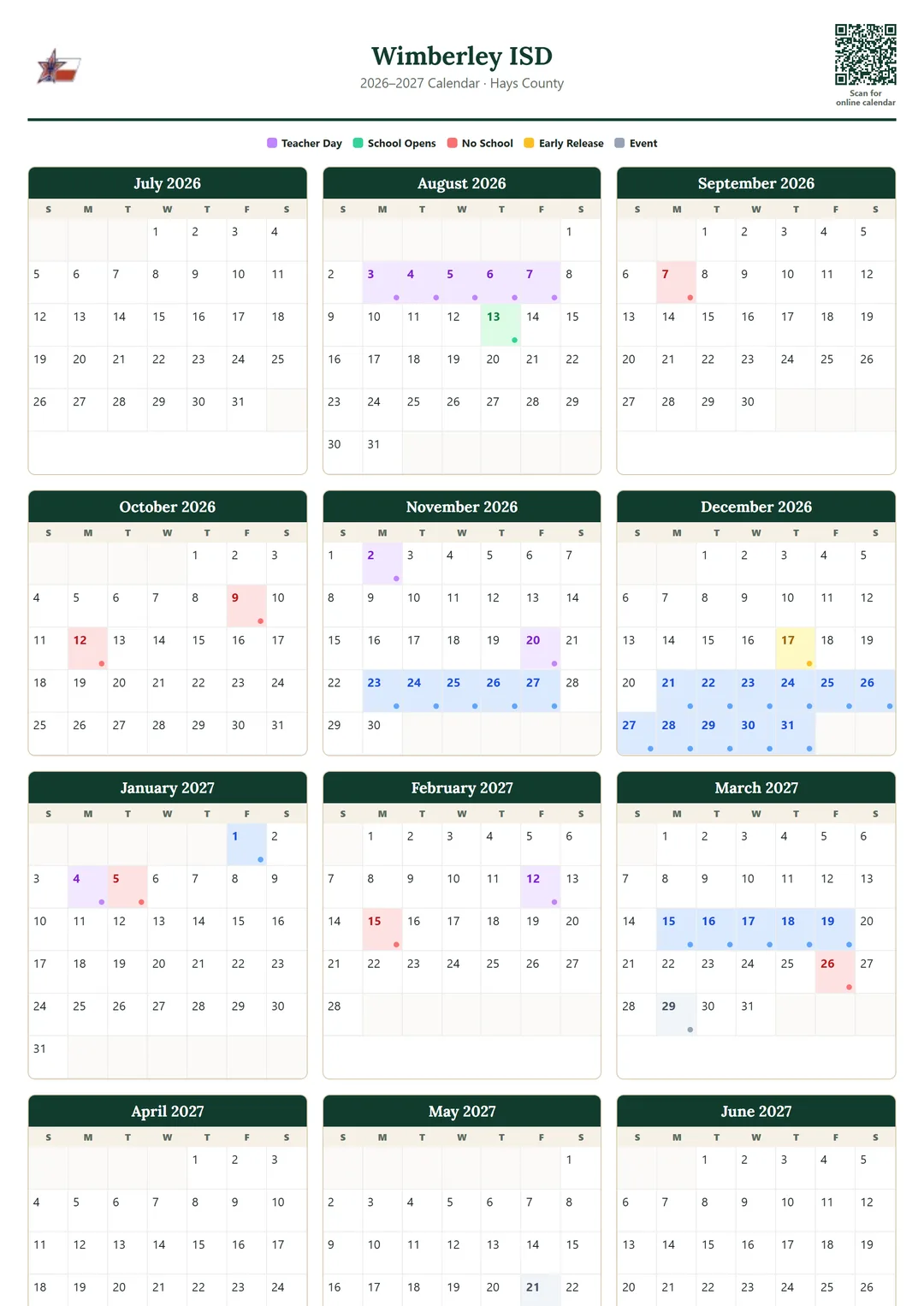 Wimberley ISD printable 2026–2027 calendar