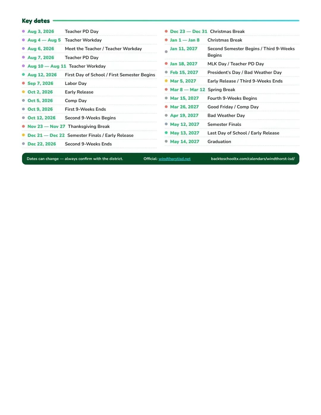 Windthorst ISD Calendar for the Year 26-27 — key dates
