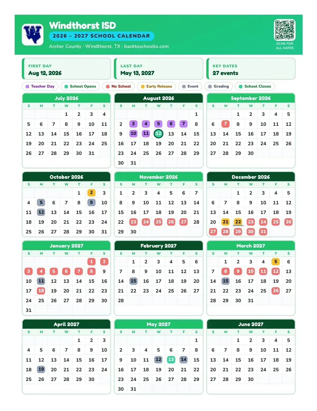 Windthorst ISD Calendar for the Year 26-27