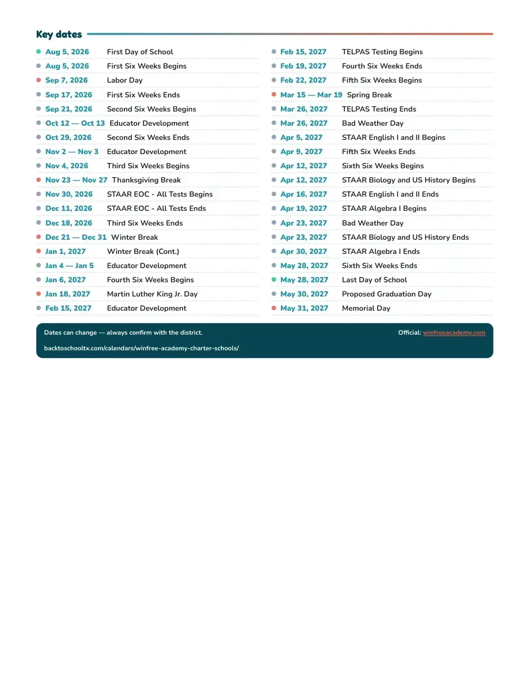 Winfree Academy Charter Schools Calendar for the Year 26-27 — key dates