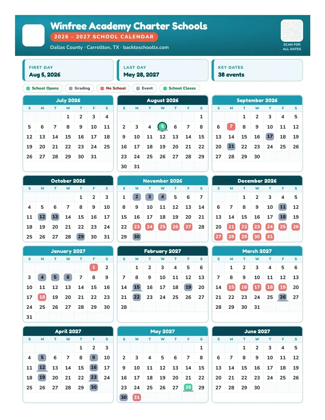 Winfree Academy Charter Schools Calendar for the Year 26-27