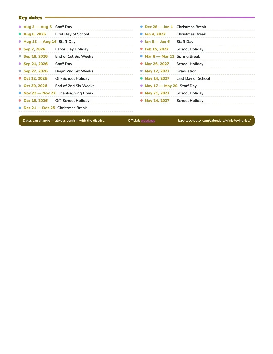 Wink-loving ISD Calendar for the Year 26-27 — key dates