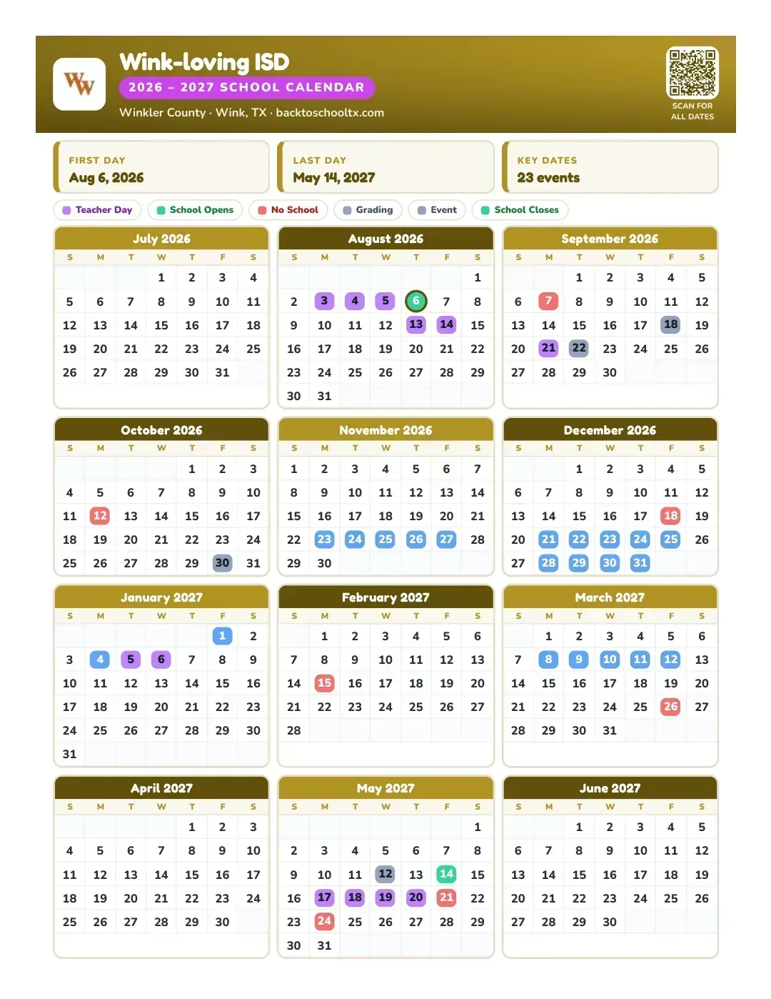 Wink-loving ISD Calendar for the Year 26-27
