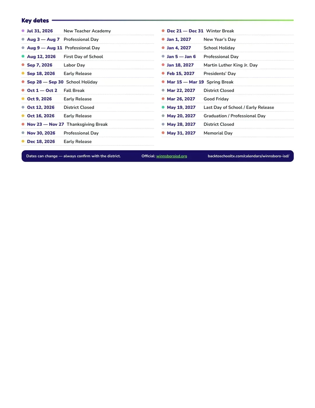 Winnsboro ISD Calendar for the Year 26-27 — key dates