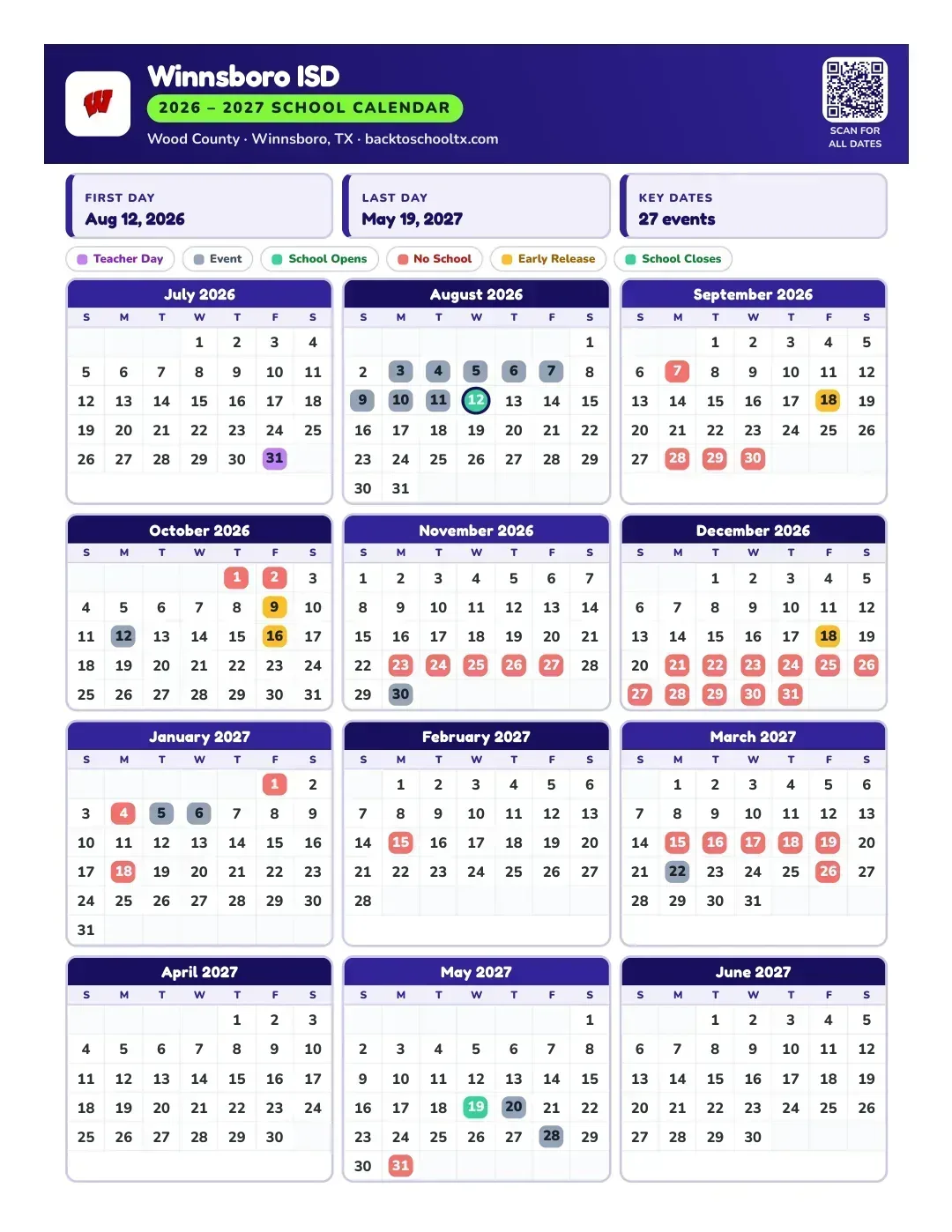 Winnsboro ISD Calendar for the Year 26-27