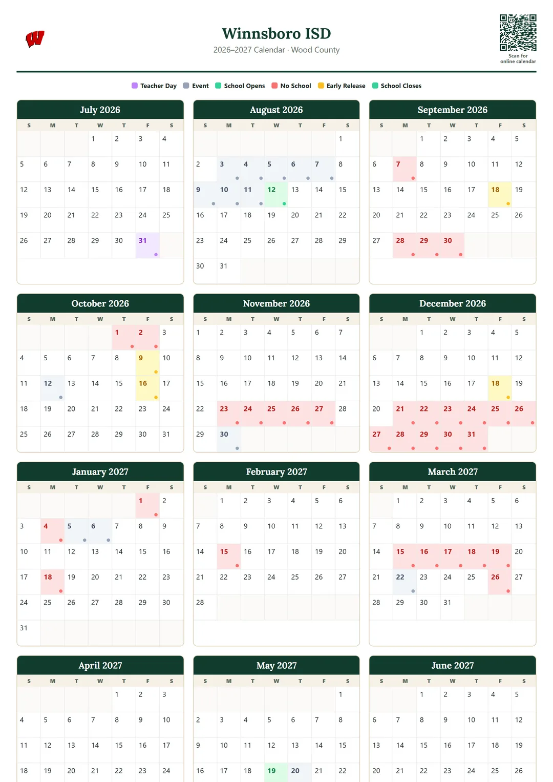 Winnsboro ISD printable 2026–2027 calendar
