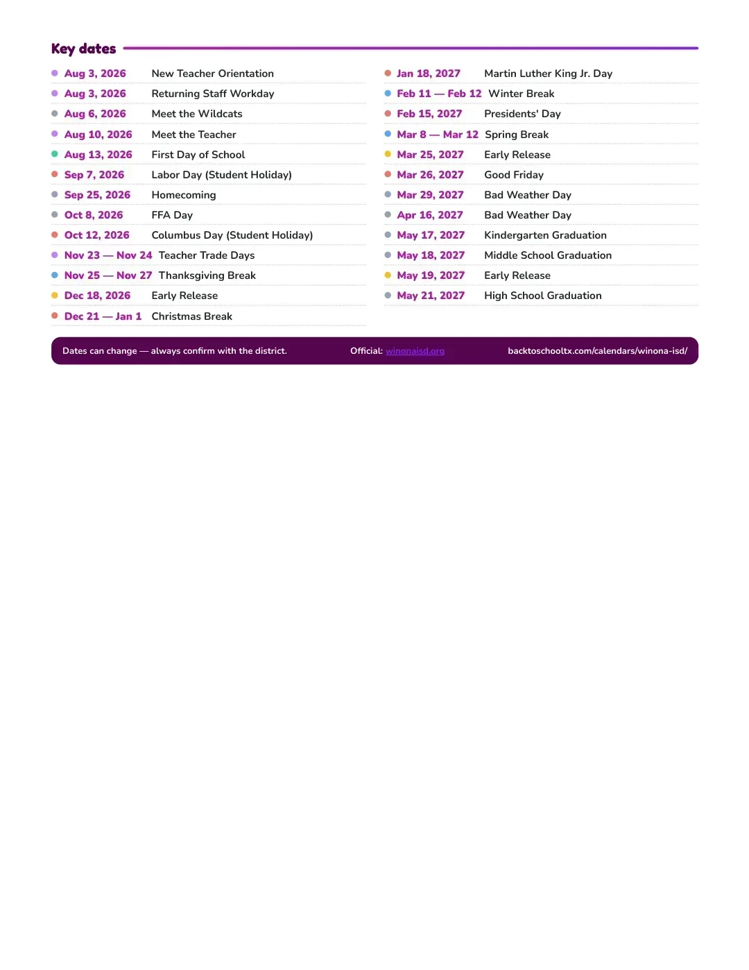 Winona ISD Calendar for the Year 26-27 — key dates