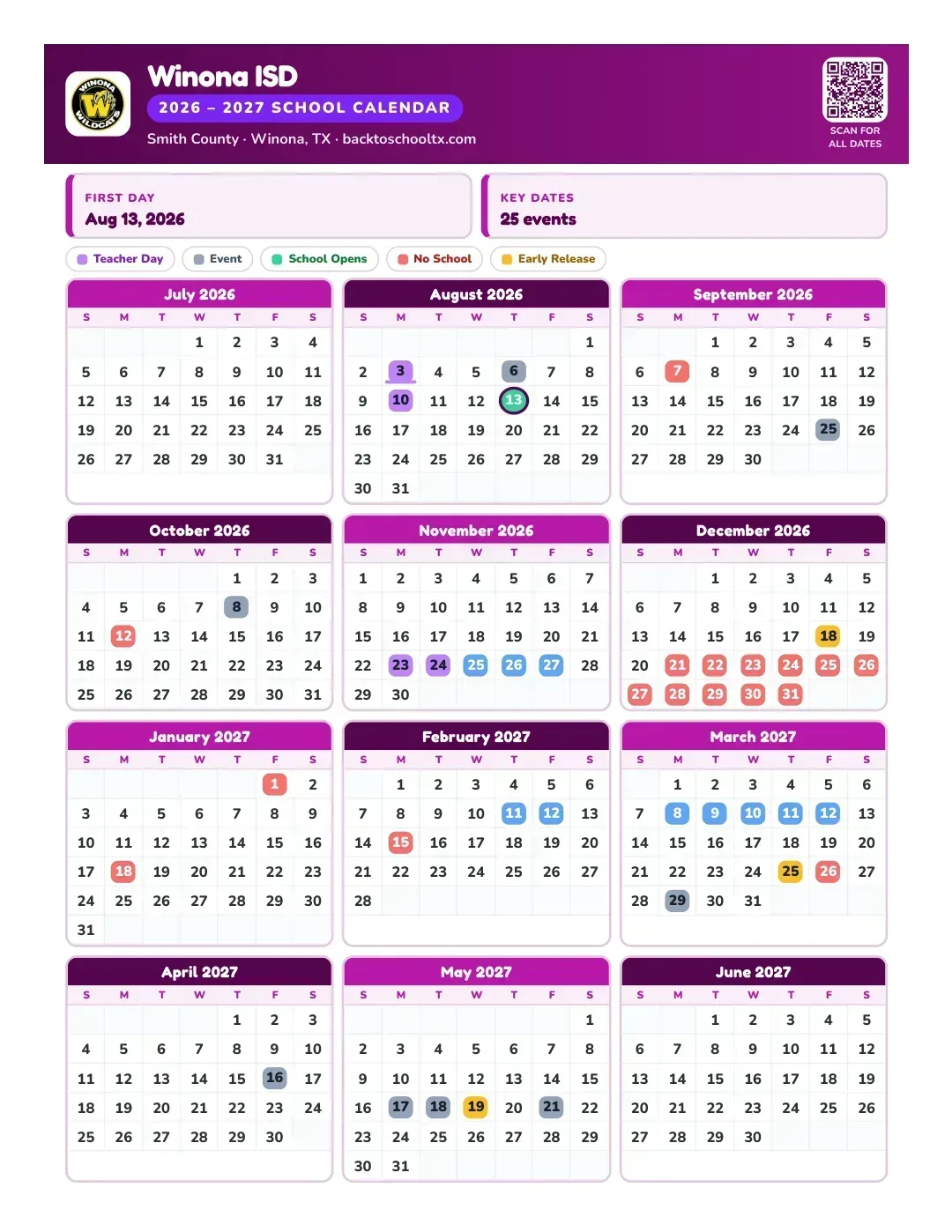 Winona ISD Calendar for the Year 26-27
